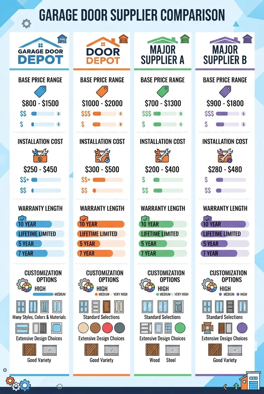 Infographic with three columns comparing Garage Door Depot, Door Depot, and two other major garage door suppliers. Each column includes an