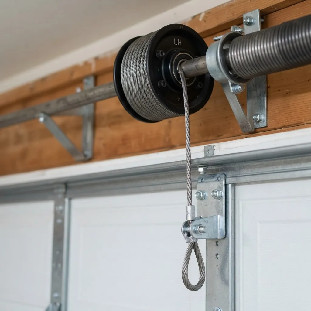 Close-up photographic image of garage door torsion spring and cable drum assembly, focused on steel cables wrapped around the drum and