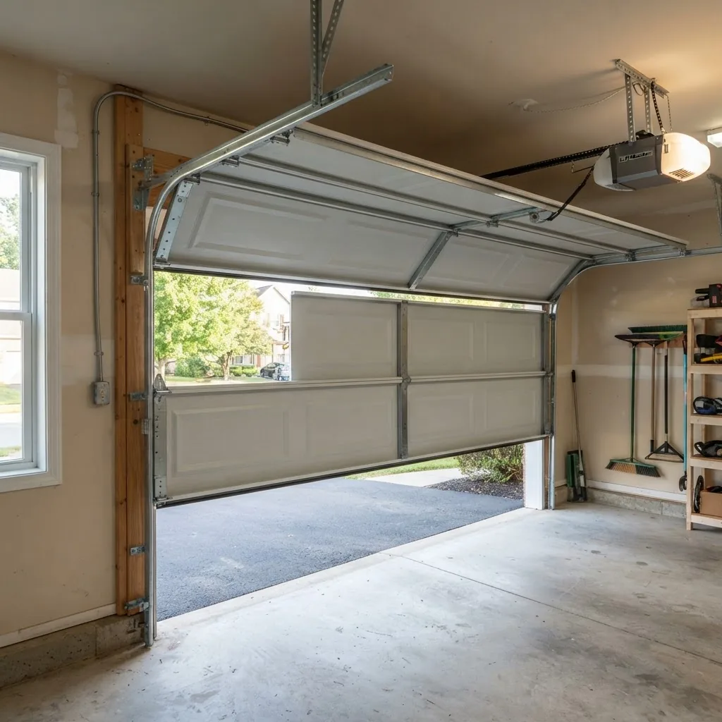 A clear, high-resolution photographic image of a standard residential overhead garage door partially open, taken from a slightly elevated