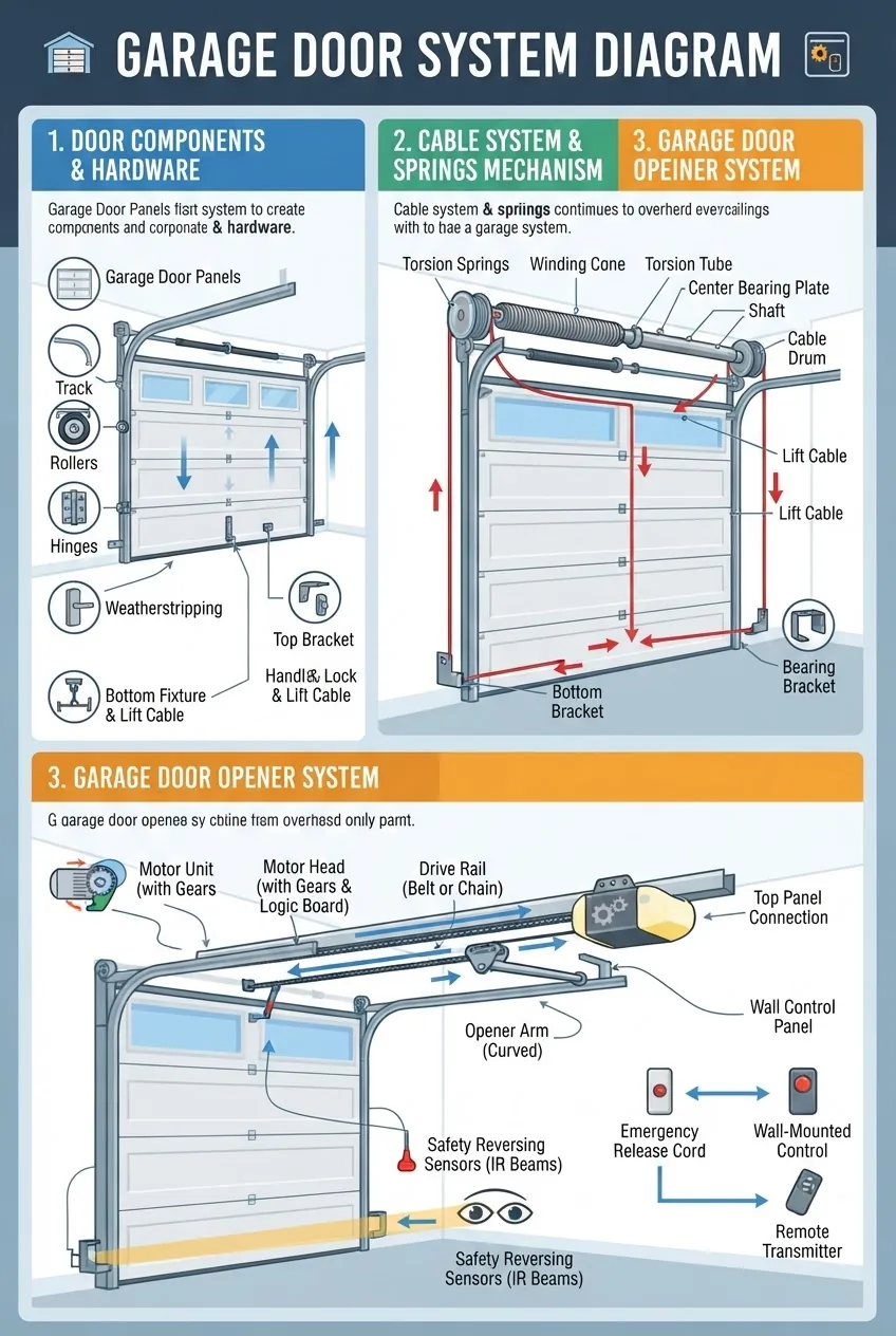 An infographic showing a multi-part diagram of an overhead garage door system, divided into three sections: (1) the door parts labeled with