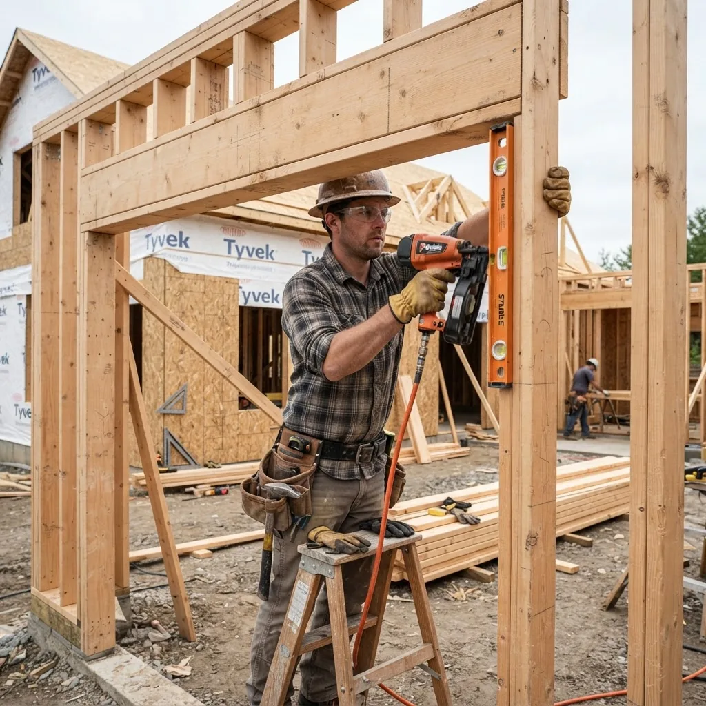Action shot of a carpenter framing a garage door opening using a level and framing nailer, wooden stud framing visible, daylight,
