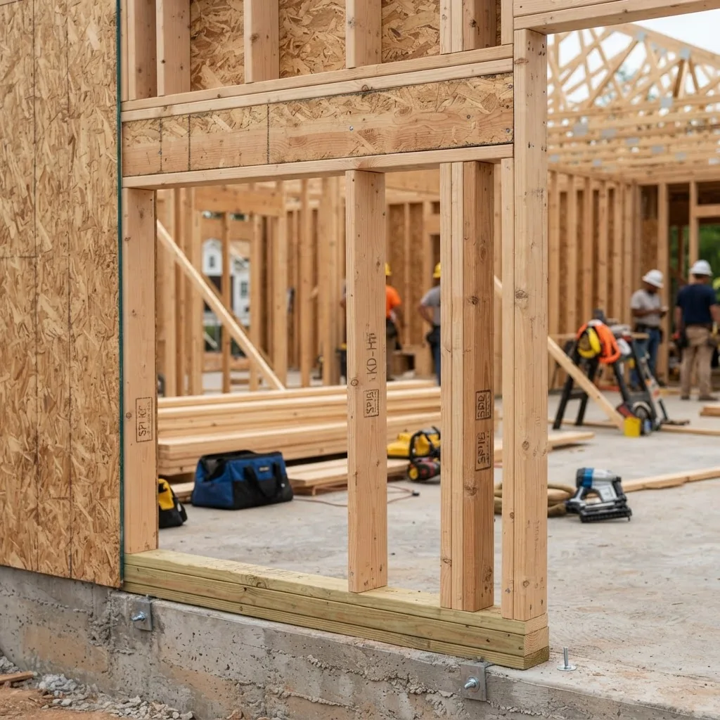 Close-up photo of a partially framed garage door opening showing the header, king studs, trimmer studs, and sill plate on a wooden frame,