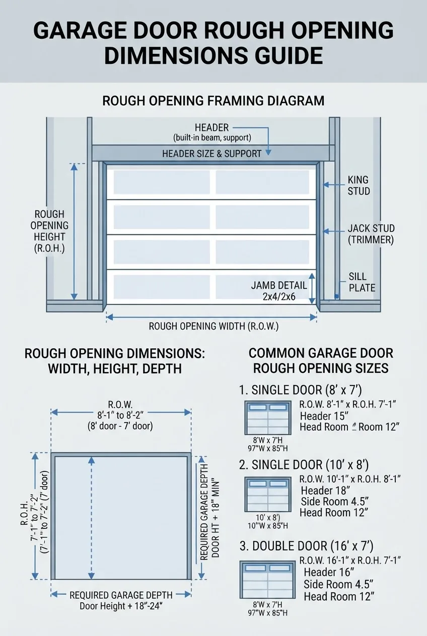 Infographic illustrating garage door rough opening dimensions including width, height, and depth; features dimension callouts for common