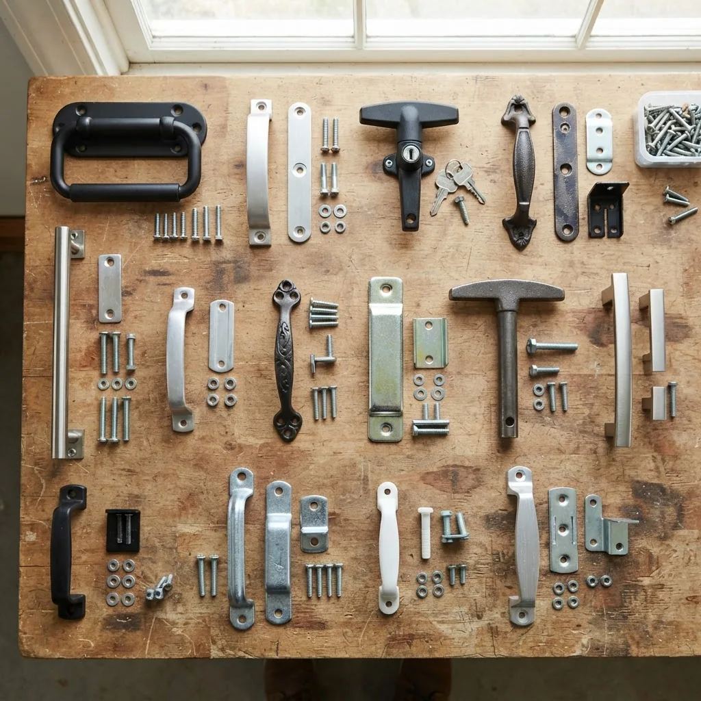 various garage door handles laid out on a wooden table, showing different styles and materials including steel, aluminum, and plastic, with