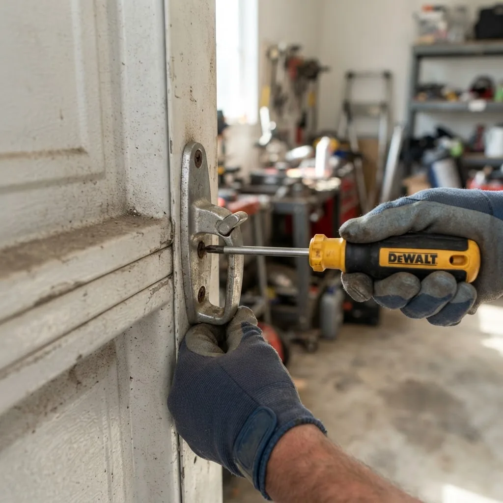 a person’s hands using a screwdriver to remove a garage door handle on a steel garage door, bright natural lighting, workshop setting,