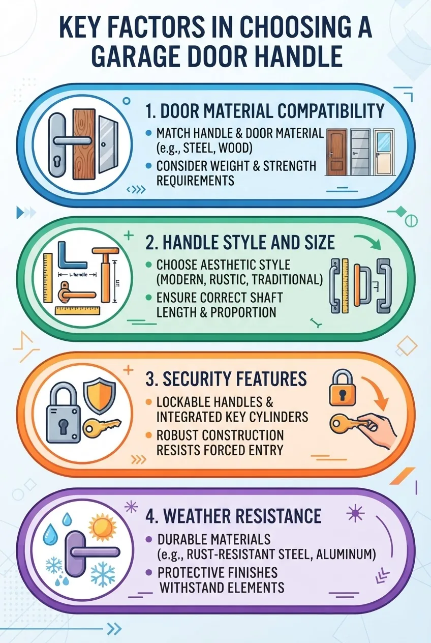 with four horizontal sections illustrating key factors in choosing a garage door handle: door material compatibility, handle style and