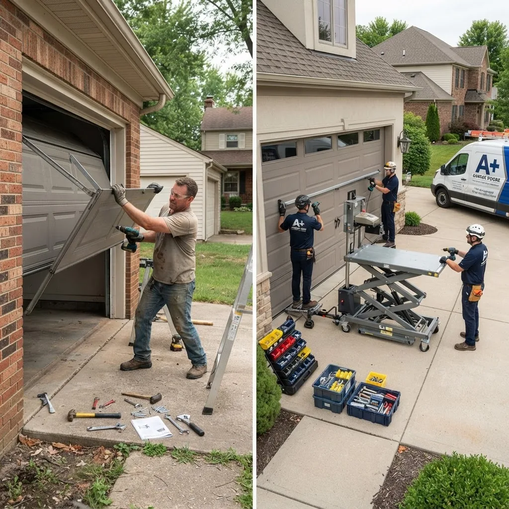 Side-by-side image comparison showing one person installing a garage door alone with tools (DIY setup) and a professional crew installing a
