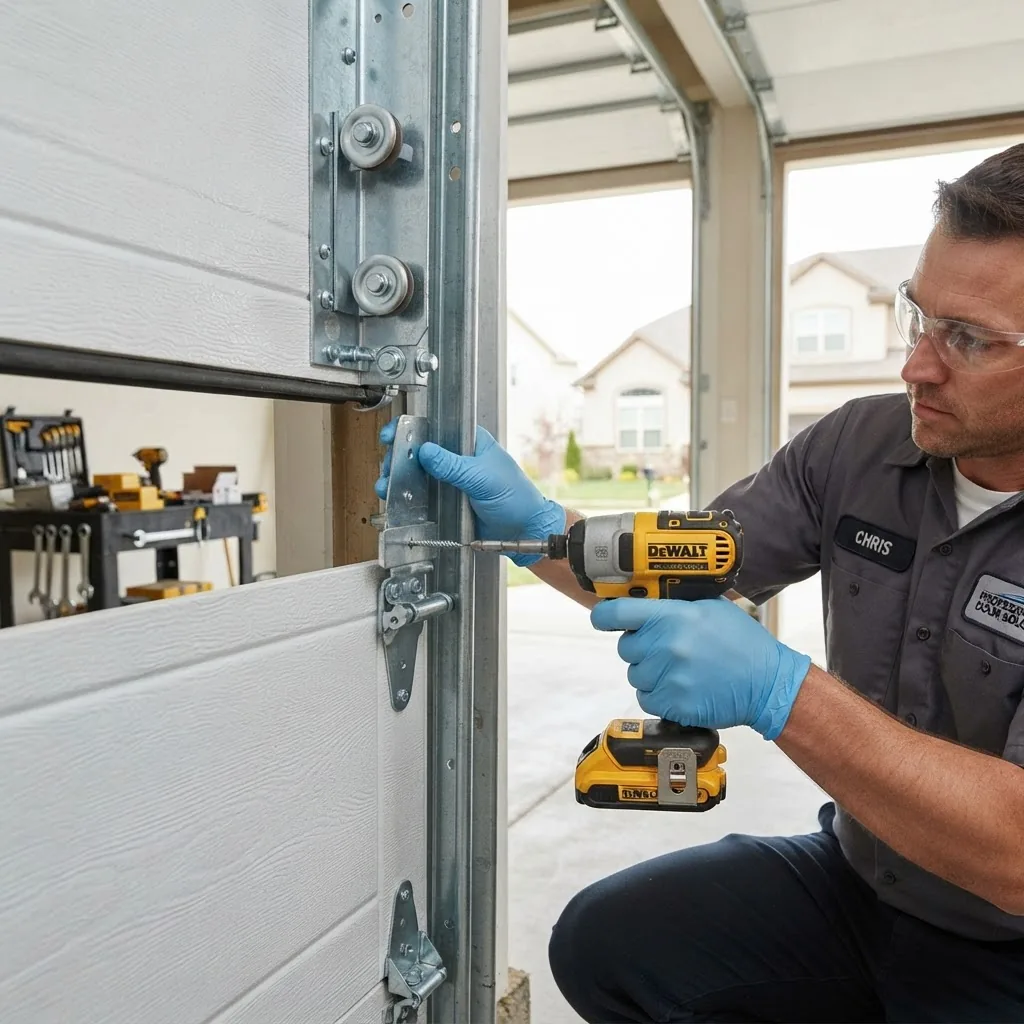 Close-up image of a technician installing a residential garage door in a suburban home, showing hands using tools installing sectional