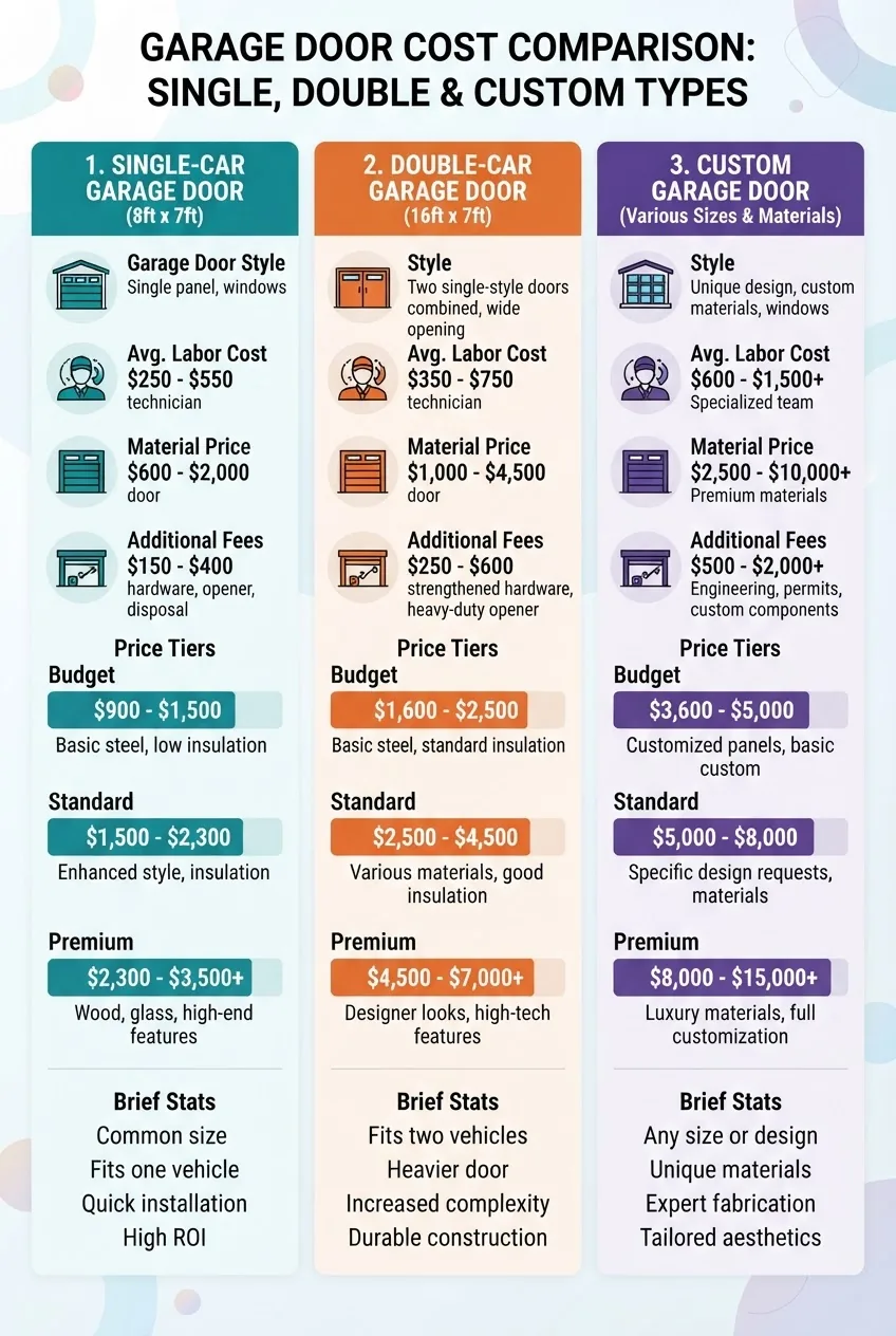 A three-column infographic comparing cost ranges for three garage door types (single-car, double-car, custom), each column featuring icons