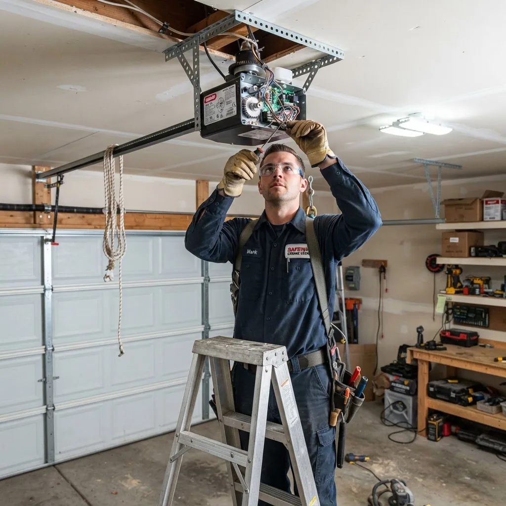 Interior shot of a technician mounting a garage door motor unit to the ceiling of a residential garage, wires and components clearly