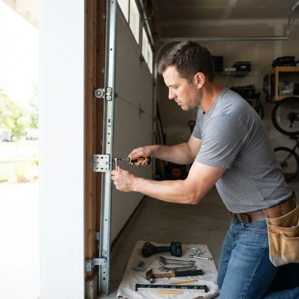 A well-lit close-up photo of a homeowner installing garage door tracks inside a clean residential garage, tools visible on the floor,