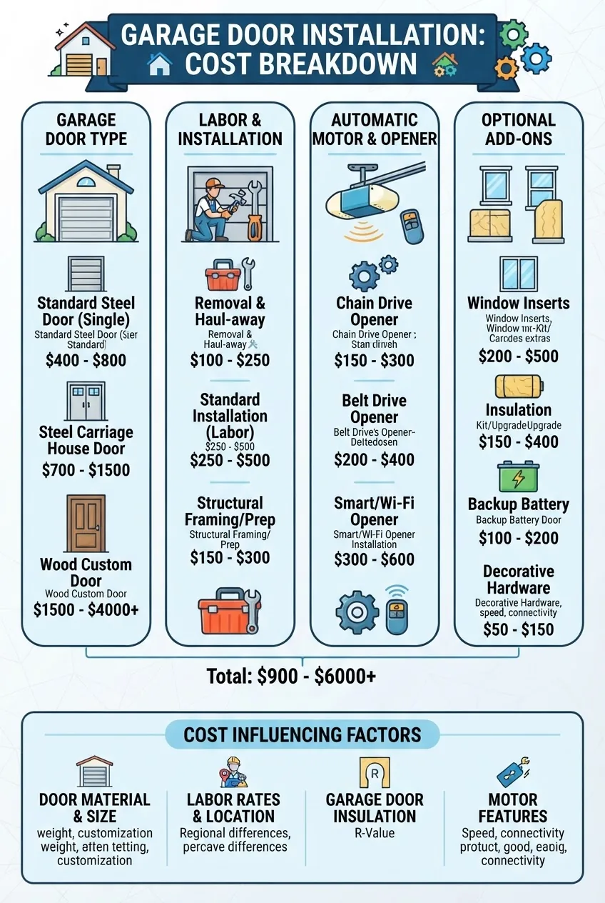 A detailed infographic showing a cost breakdown of garage door installation including segments for door type, labor, automatic motor