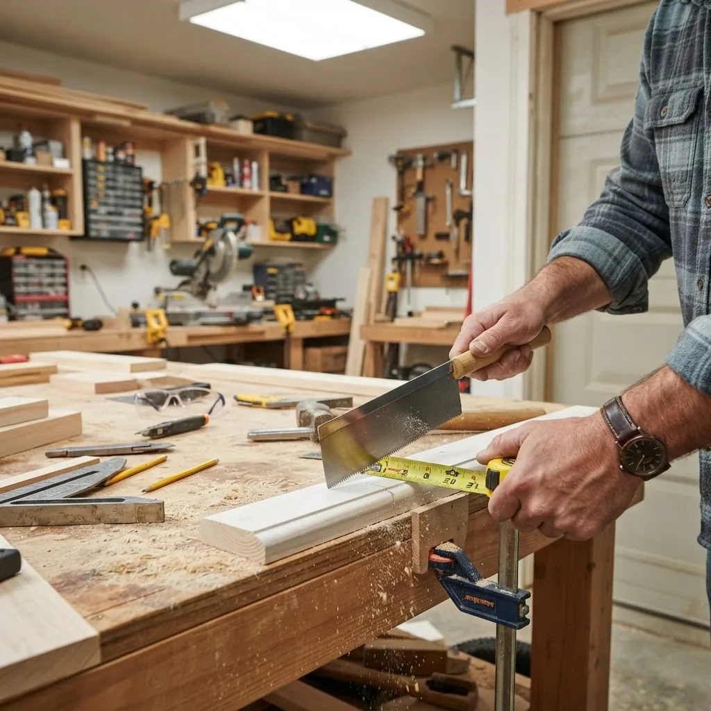 High-resolution image of hands using a measuring tape and a saw to cut garage door wood jamb trim indoors, well-lit workshop environment,