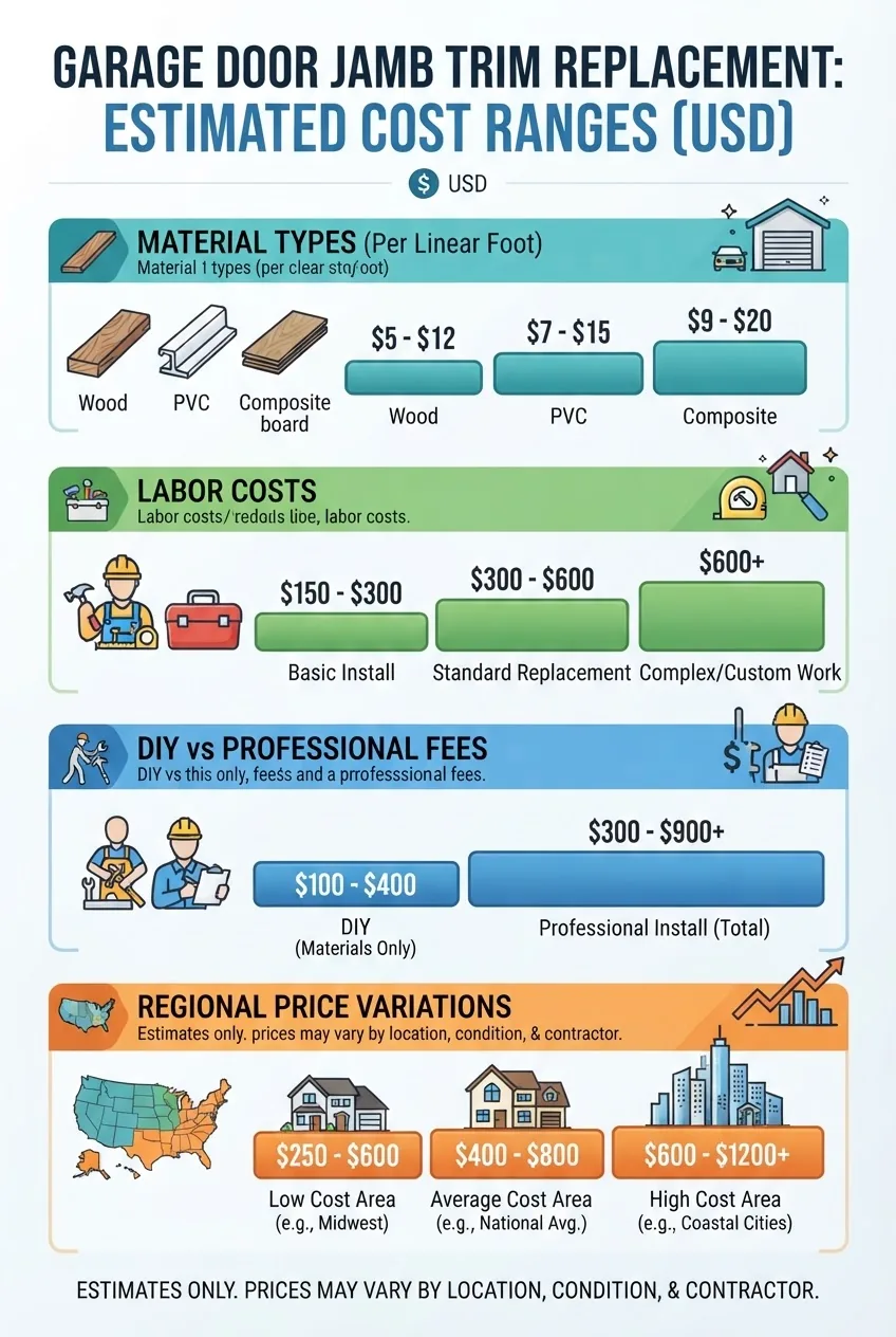 A clean infographic presenting cost ranges for garage door jamb trim replacement, segmented into material types, labor costs, DIY vs