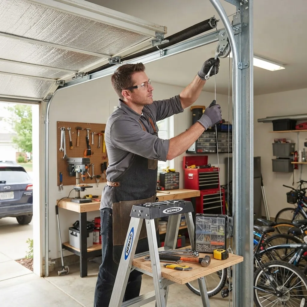 Lifestyle image of a DIY homeowner midway installing a manual garage door lift system kit, using common hand tools, focused on aligning the