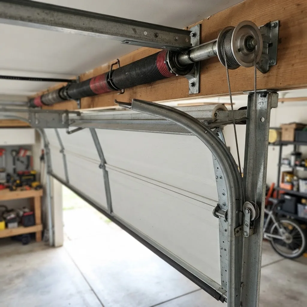 Close-up angled photo of a residential garage door lift system showing torsion springs, cables, pulleys, and the garage door partially