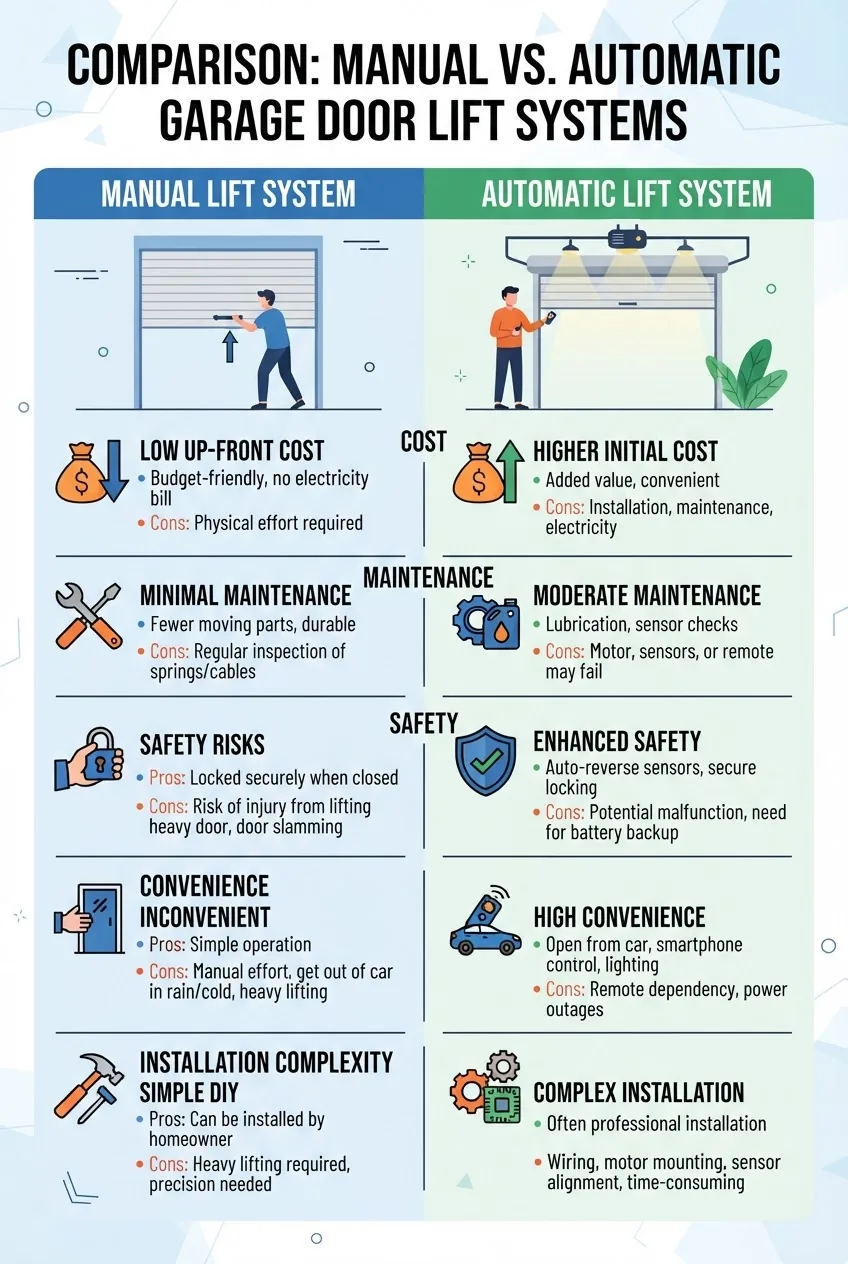 A two-column infographic comparing manual and automatic garage door lift systems side by side, each column with icons for cost,