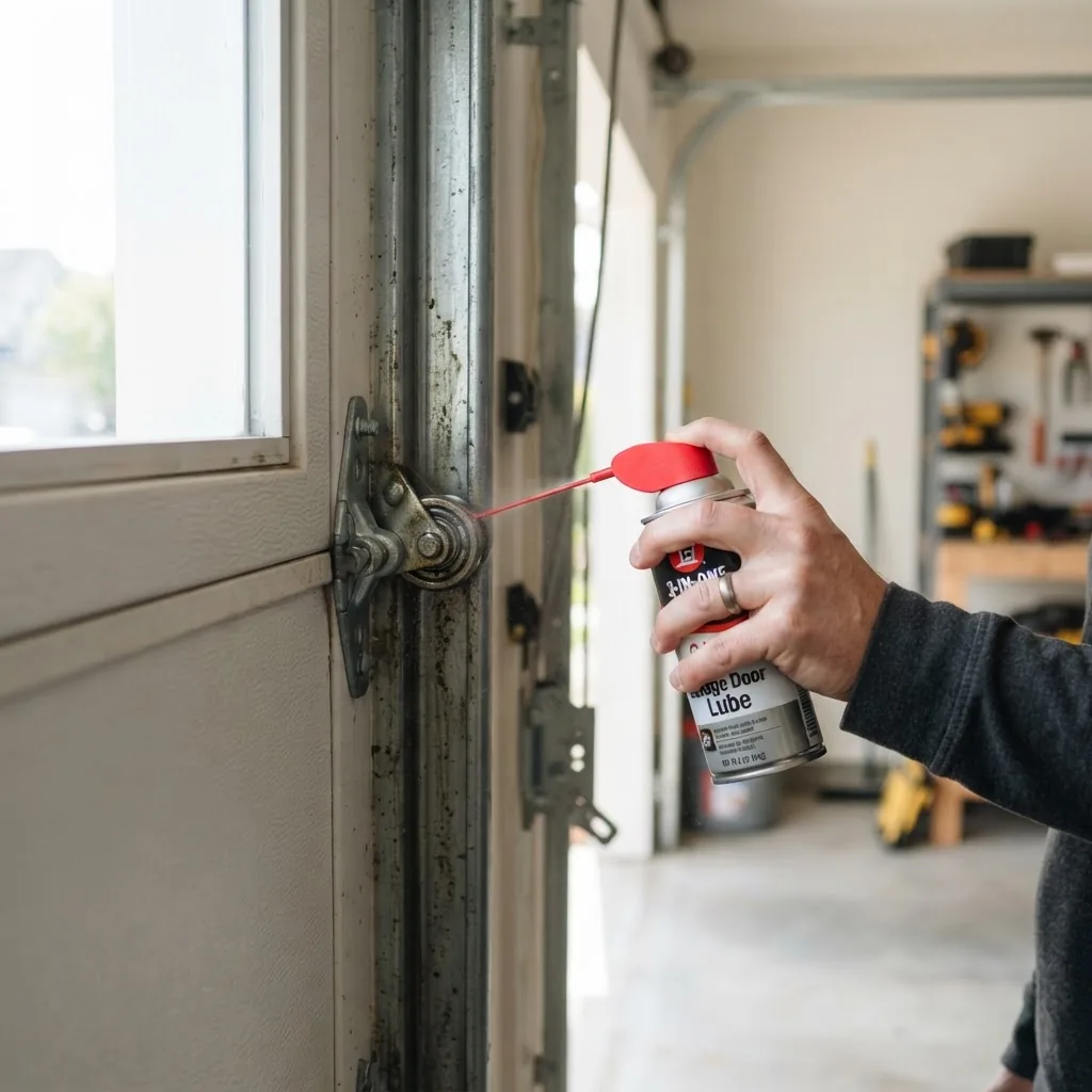 A close-up photo of a homeowner lubricating garage door rollers with a spray lubricant on a bright, clean residential garage, showing the