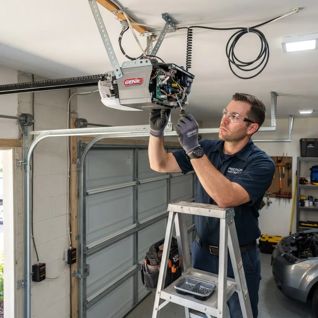 An indoor shot focused on a technician adjusting a garage door opener motor unit mounted on the ceiling of a garage, with visible wiring