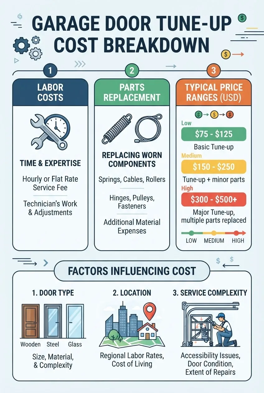 A clean infographic with three horizontal sections showing garage door tune-up cost breakdown: 1) Labor costs with an icon of a wrench and