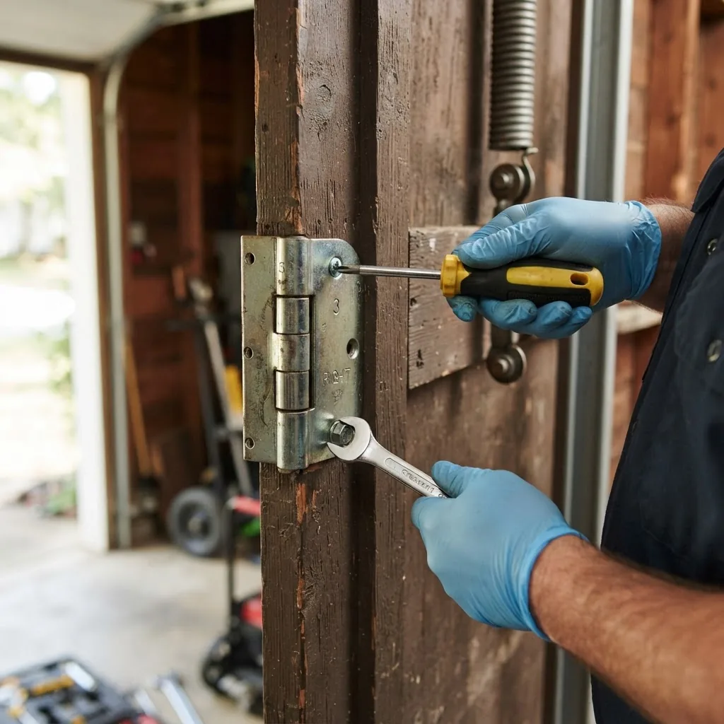 Close-up image of a person’s hands using tools (screwdriver and wrench) to replace garage door hinges on a wooden door, daylight setting in