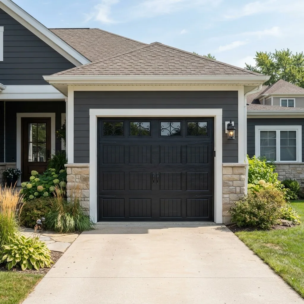 Photograph of a modern garage door showcasing multiple upgrade features including new decorative panels, fresh paint, installed windows,