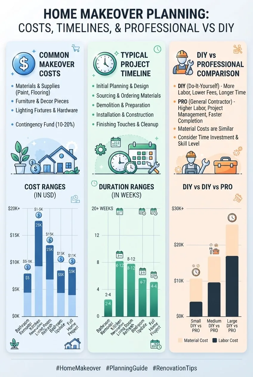 Infographic with three columns showing “Common Makeover Costs,” “Typical Project Timeline,” and “DIY vs Professional Cost Comparison,” each