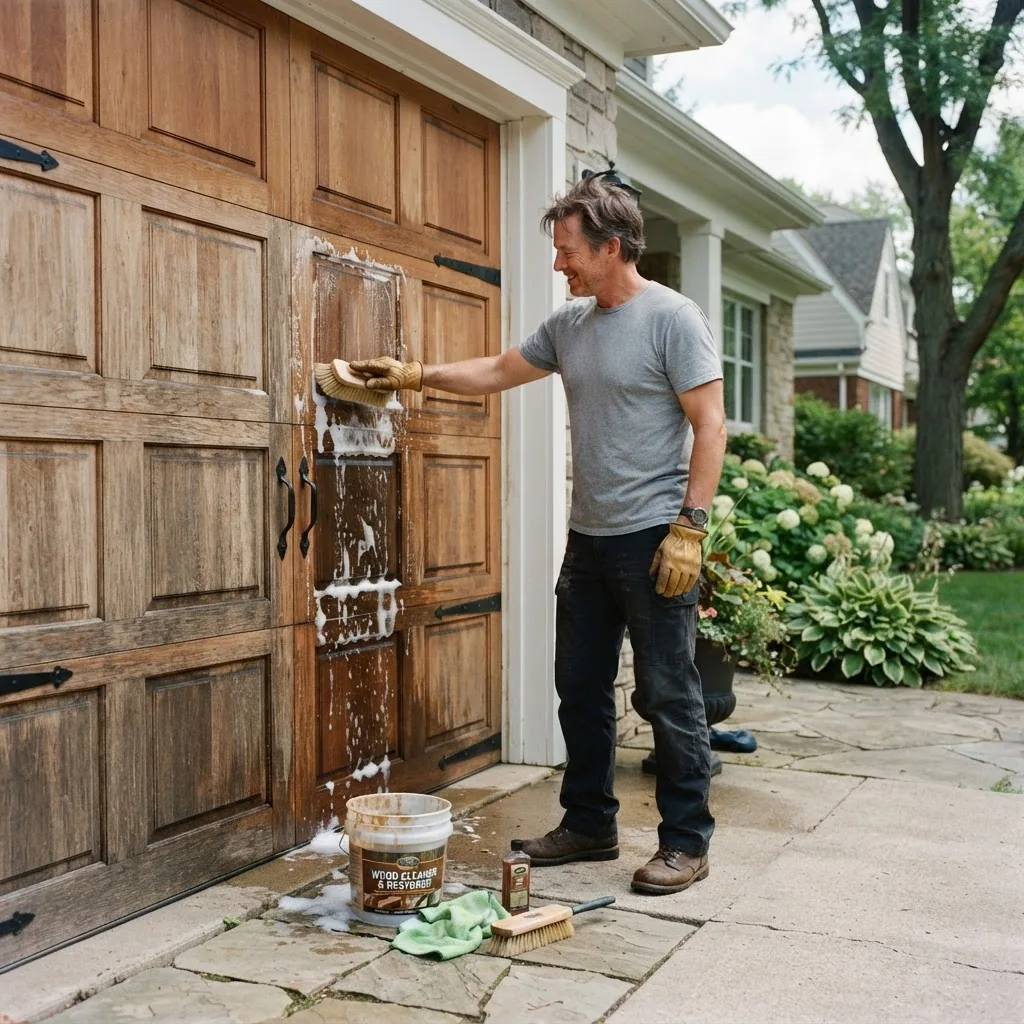 A practical image showing a homeowner performing routine maintenance on a wood garage door outdoors, with clear tools like a brush and