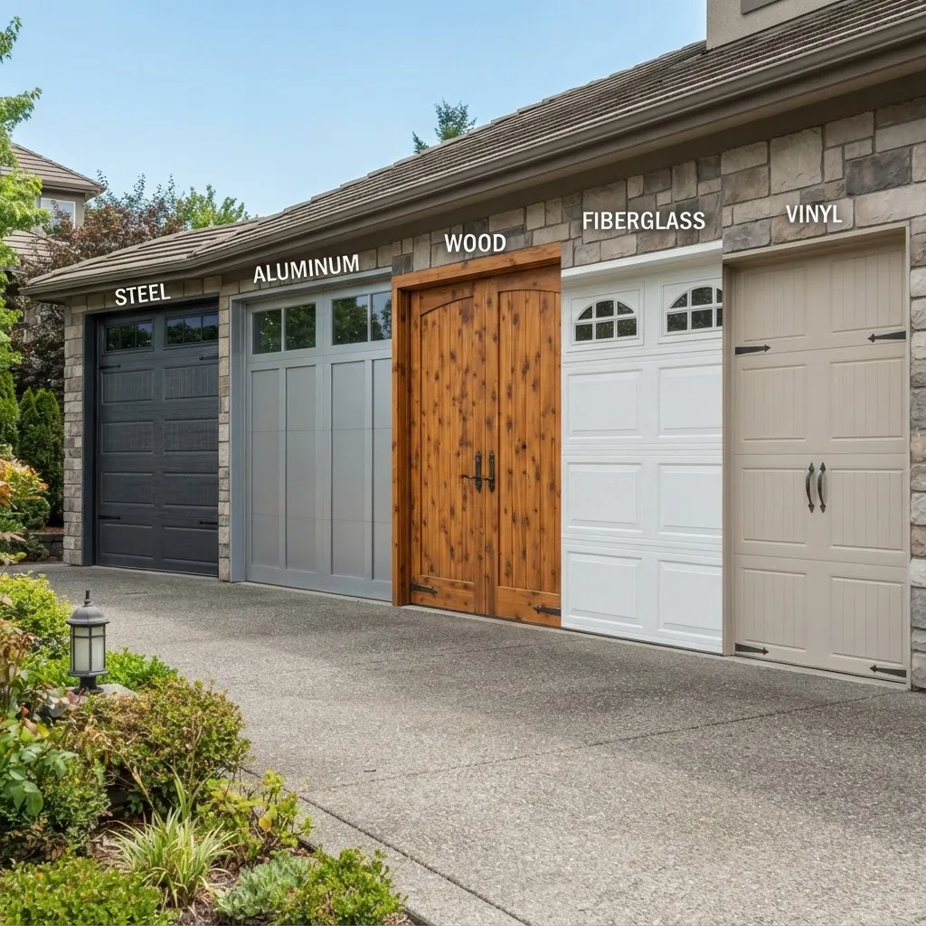 High-resolution close-up shot of five garage doors made of steel, aluminum, wood, fiberglass, and vinyl materials in a residential setting,