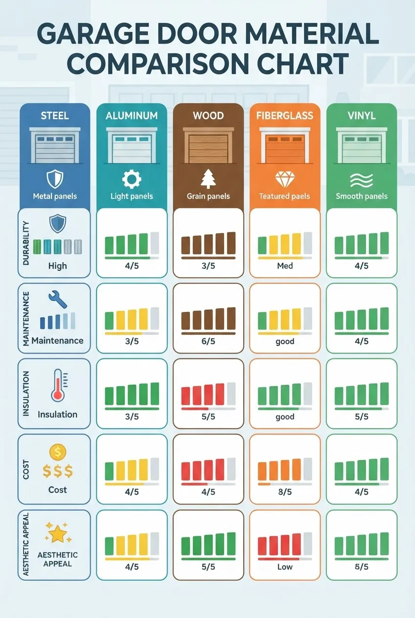 A clean, easy-to-read infographic displaying a five-column comparison chart of steel, aluminum, wood, fiberglass, and vinyl garage doors.