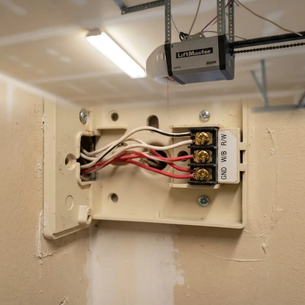 High-resolution image of a garage door opener wall button wiring terminal strip with multiple colored wires attached, viewed from a
