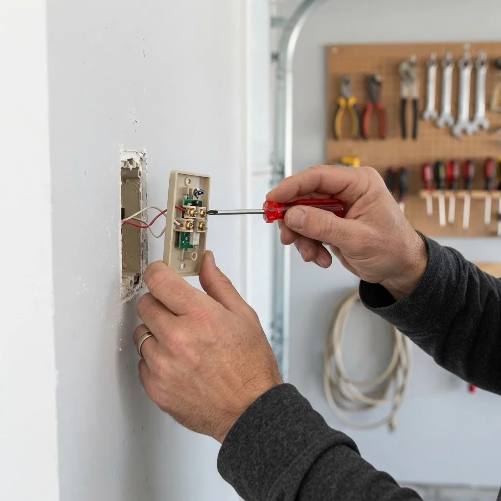 Close-up photo of a person’s hands replacing a garage door opener button on a garage wall, showing the wiring exposed, mid-action using a