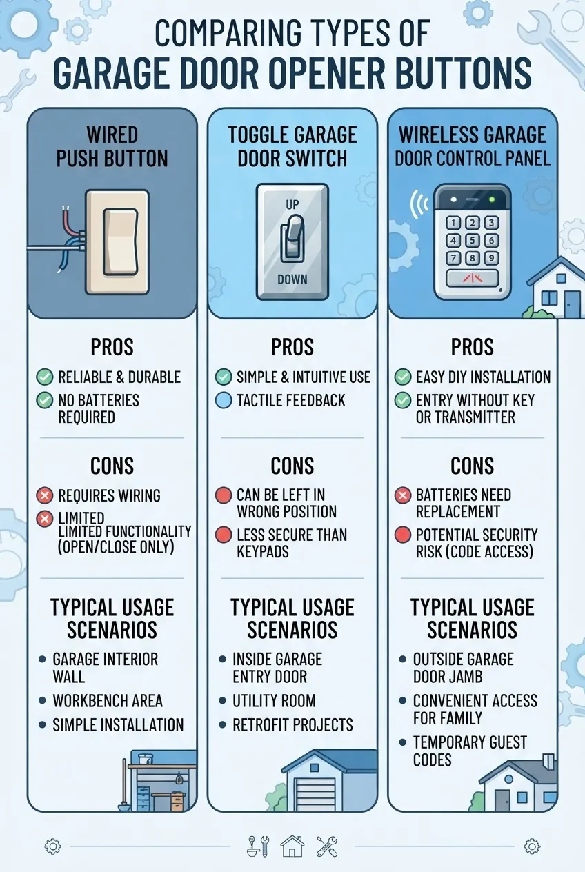 An infographic with three columns comparing types of garage door opener buttons: wired push button, toggle garage door switch, and wireless