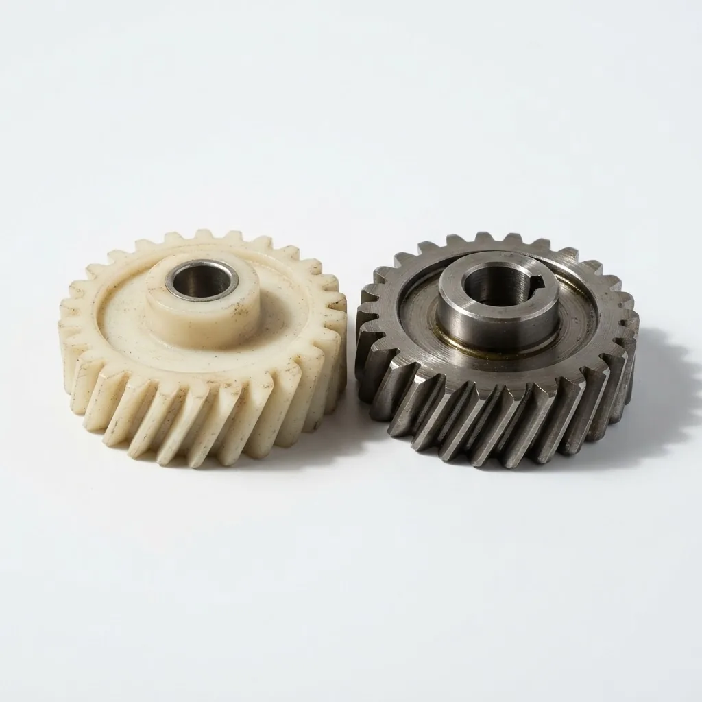 High-resolution image showing nylon and metal garage door opener gears side by side on a plain white background, well-lit with shadows to