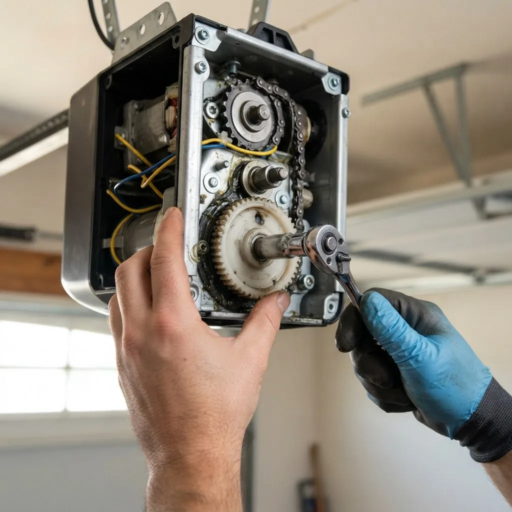 Close-up image of a person’s hands using socket wrench to remove a garage door opener gear inside a typical residential garage opener,