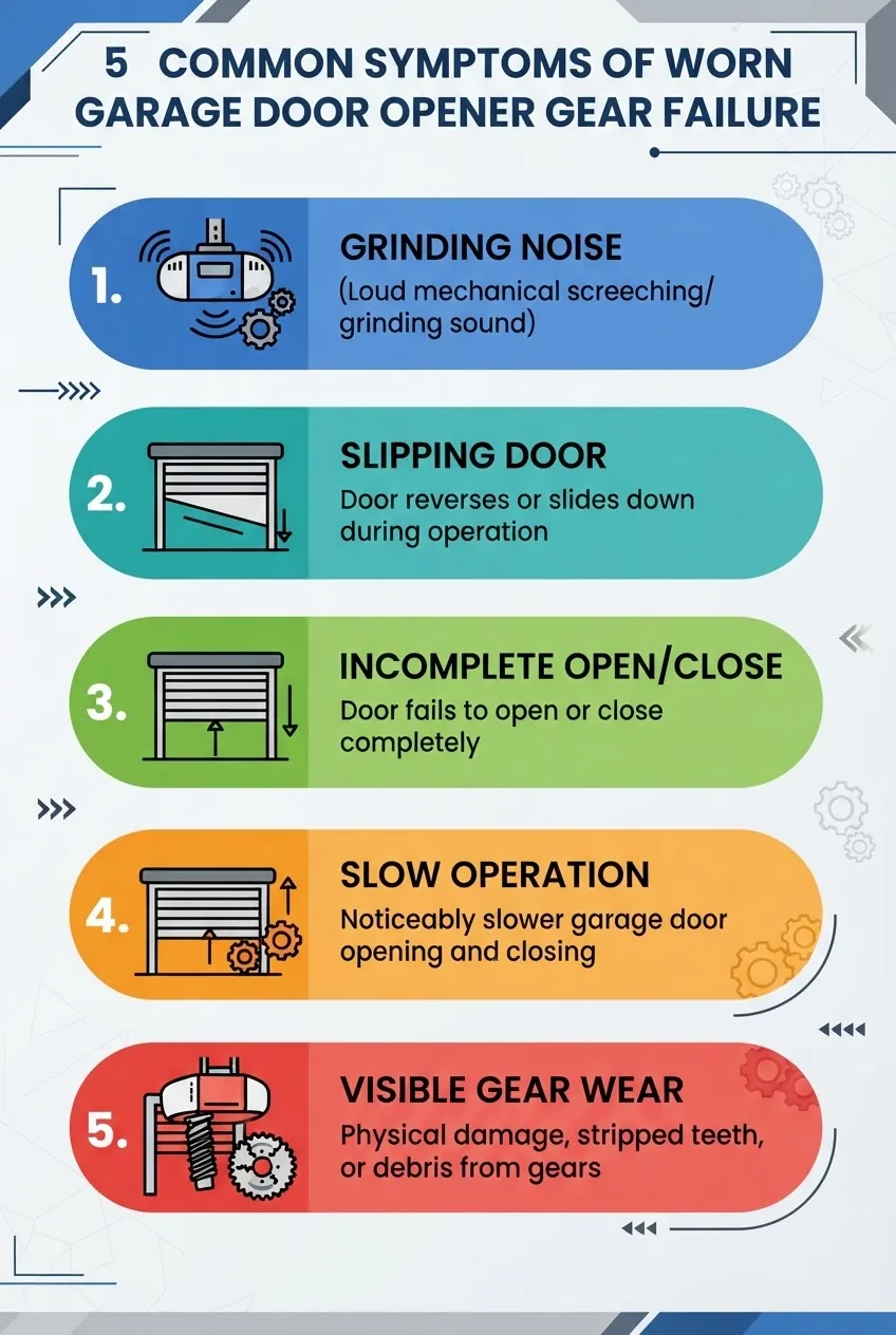 Infographic illustrating 5 common symptoms of worn garage door opener gear failure, each with an icon and short caption: grinding noise,
