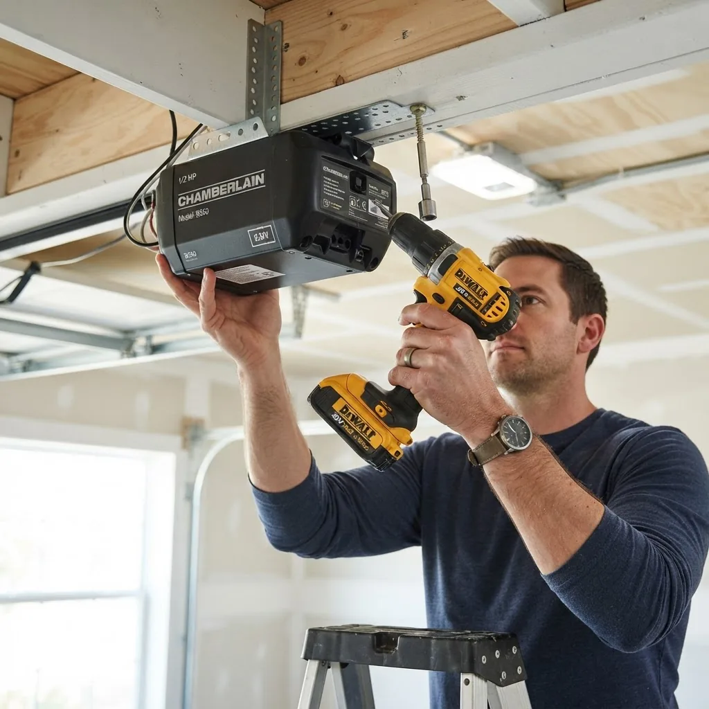 high-resolution close-up of a DIYer using a drill to mount the motor unit of a garage door opener on a garage ceiling, bright natural