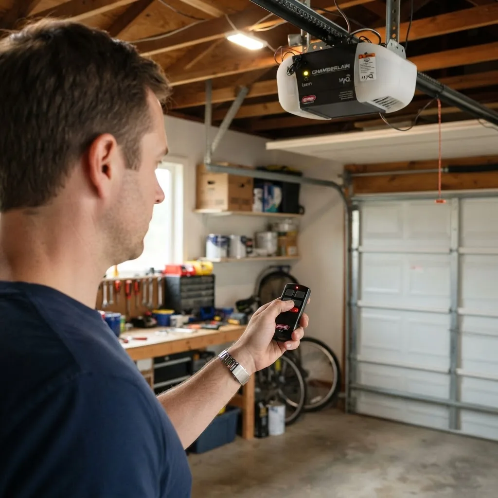 n over-the-shoulder angle of a homeowner programming a garage door opener remote control with the garage door opener control panel visible