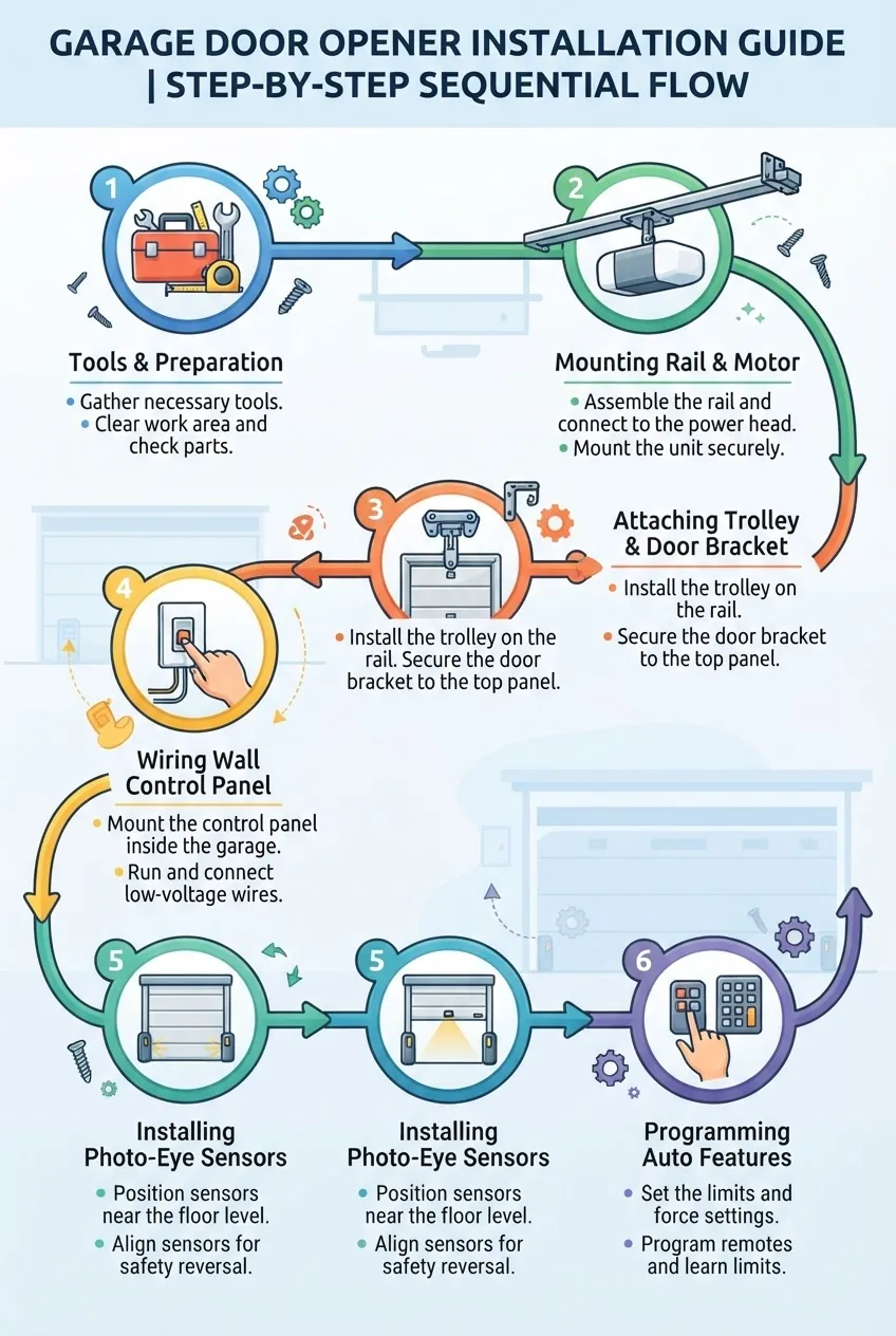 a sequential flow chart of garage door opener installation steps: 1. Tools and preparations, 2. Mounting rail and motor, 3. Attaching