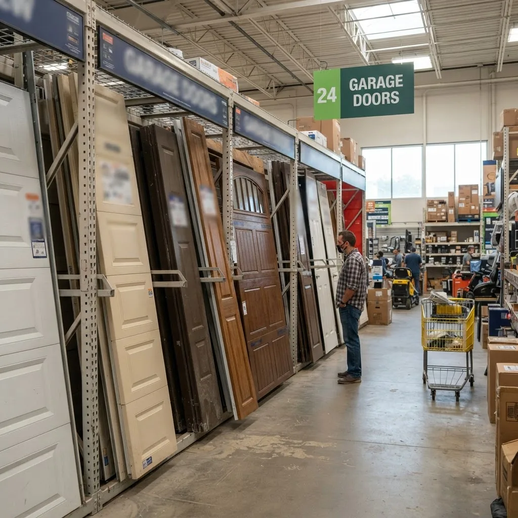 a photo of a home improvement store aisle dedicated to garage door panels, with various panels leaning vertically, labels blurred to avoid