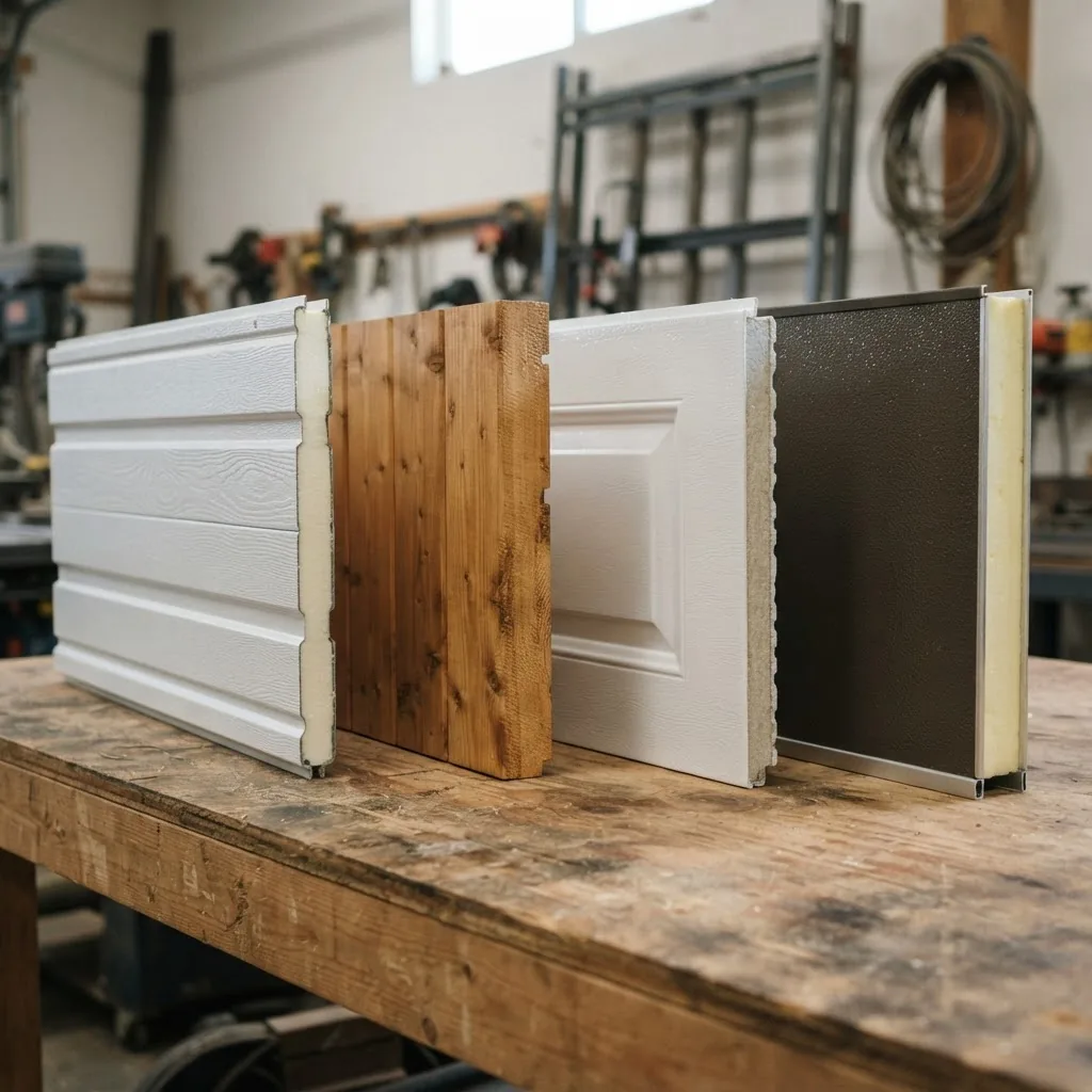 close-up, well-lit image of multiple types of garage door panels (steel, wood, fiberglass) arranged side by side on a flat surface, showing