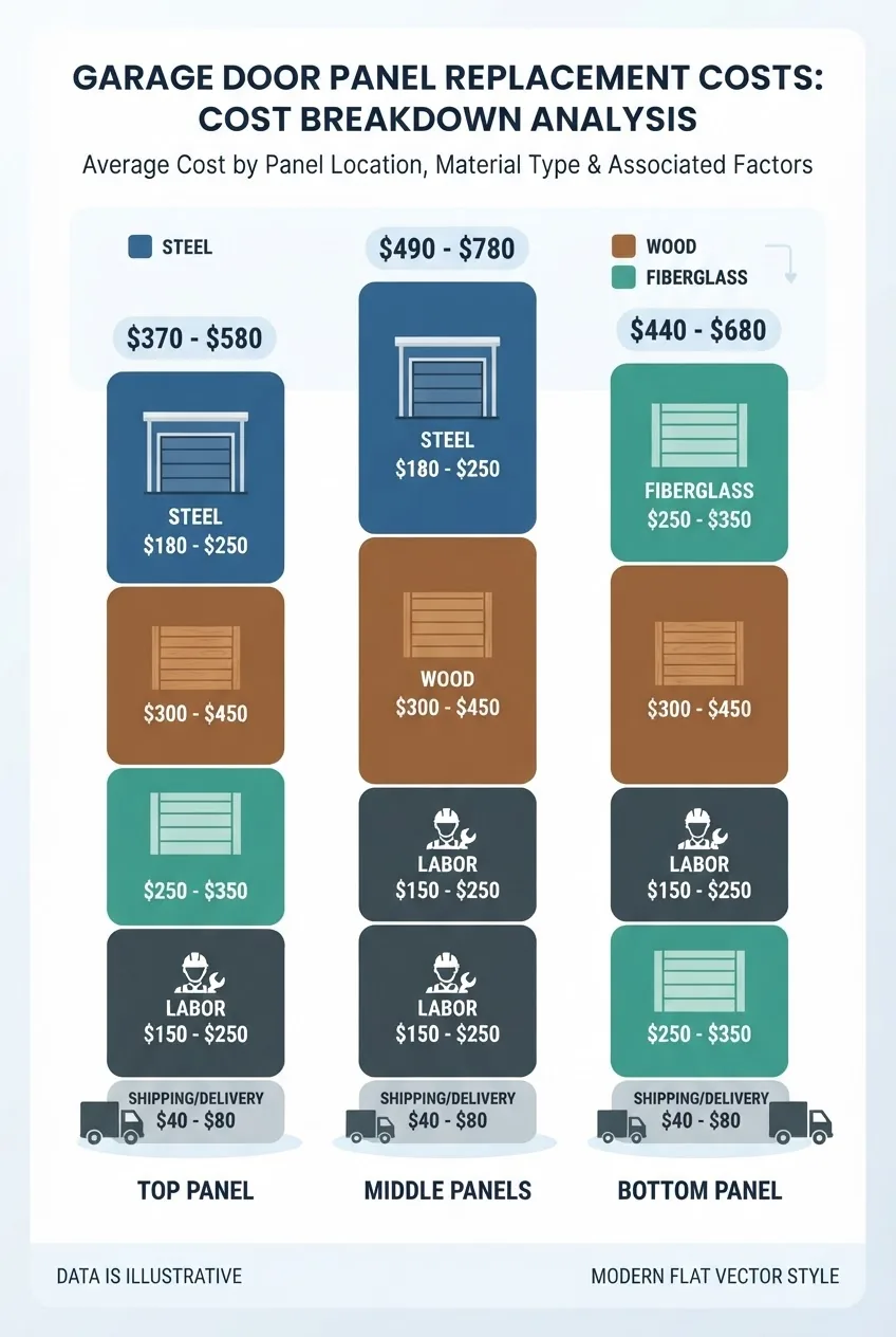 shows a stacked bar chart breaking down average garage door panel replacement costs by panel location (top, bottom, middle), material type