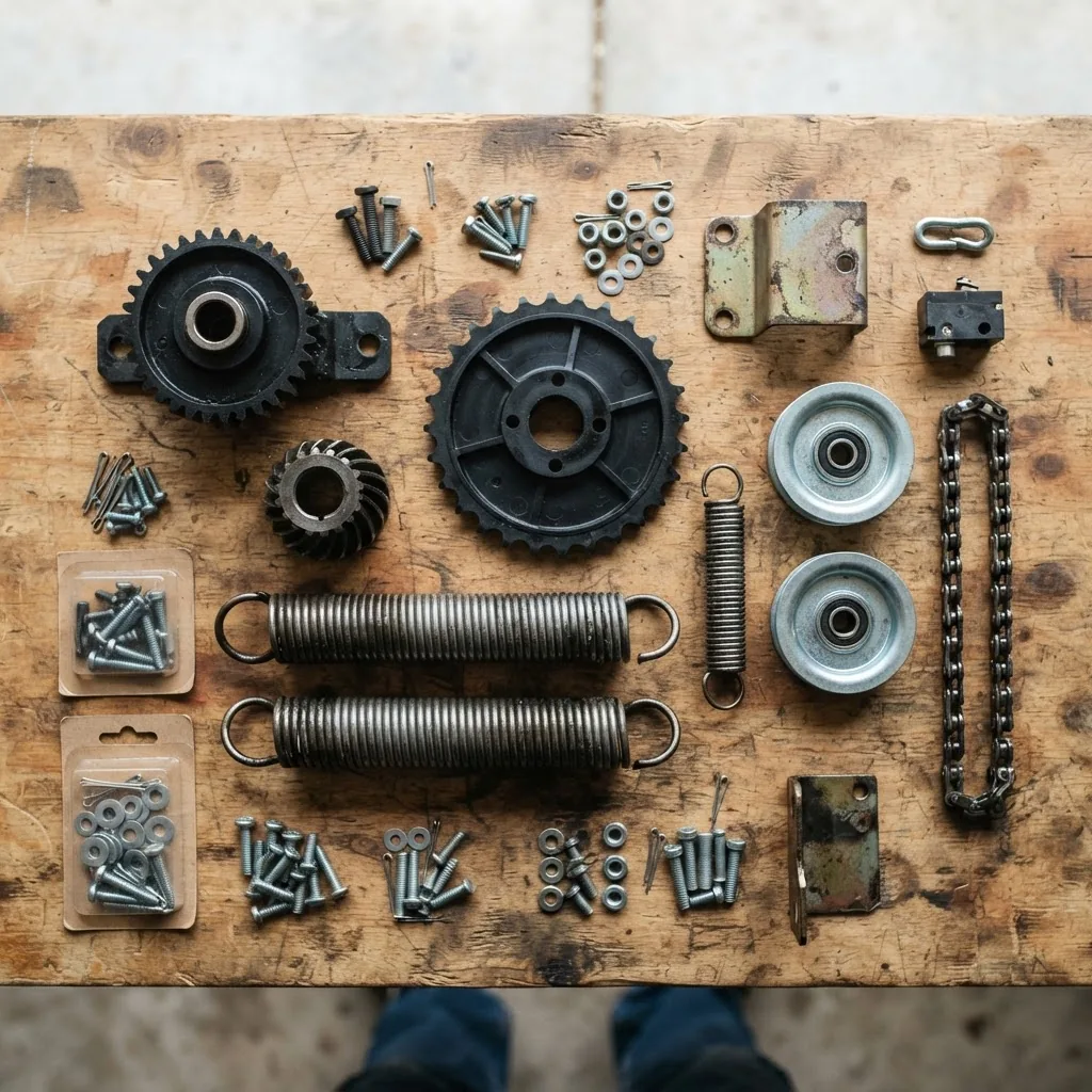 High-quality photo of a typical garage door opener repair kit spread out on a wooden surface showing gears, springs, pulleys, and screws,