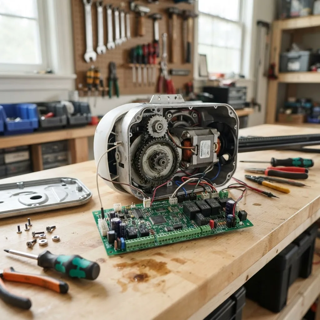 Close-up photo of a disassembled garage door opener motor unit and circuit board on a clean workbench with tools in the background,