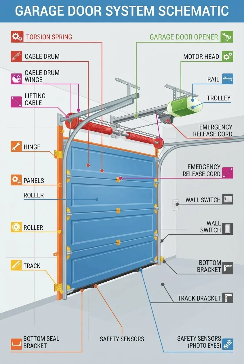 A clear, detailed, labeled schematic infographic showing all major garage door parts including panels, rollers, tracks, cables, torsion