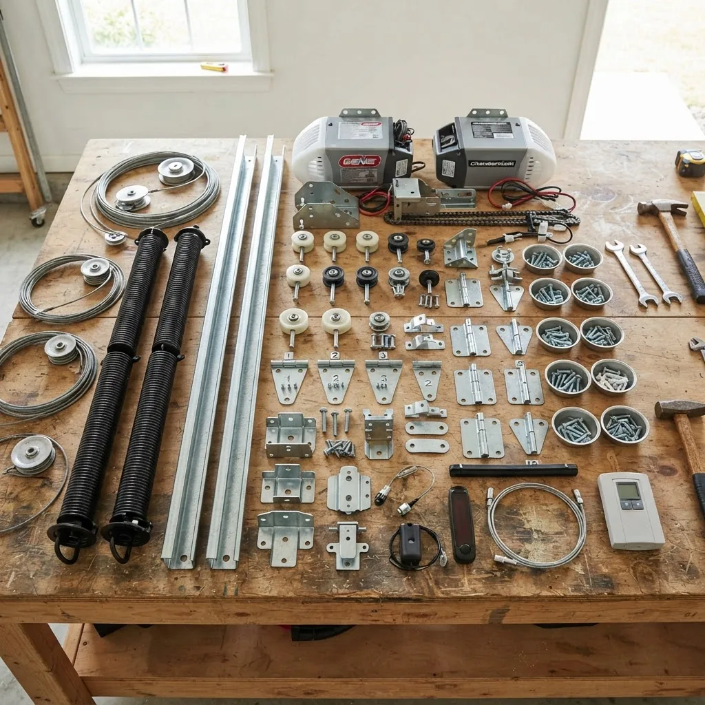 Close-up photo of various garage door parts laid out on a workbench including springs, cables, rollers, tracks, hinges, and operator