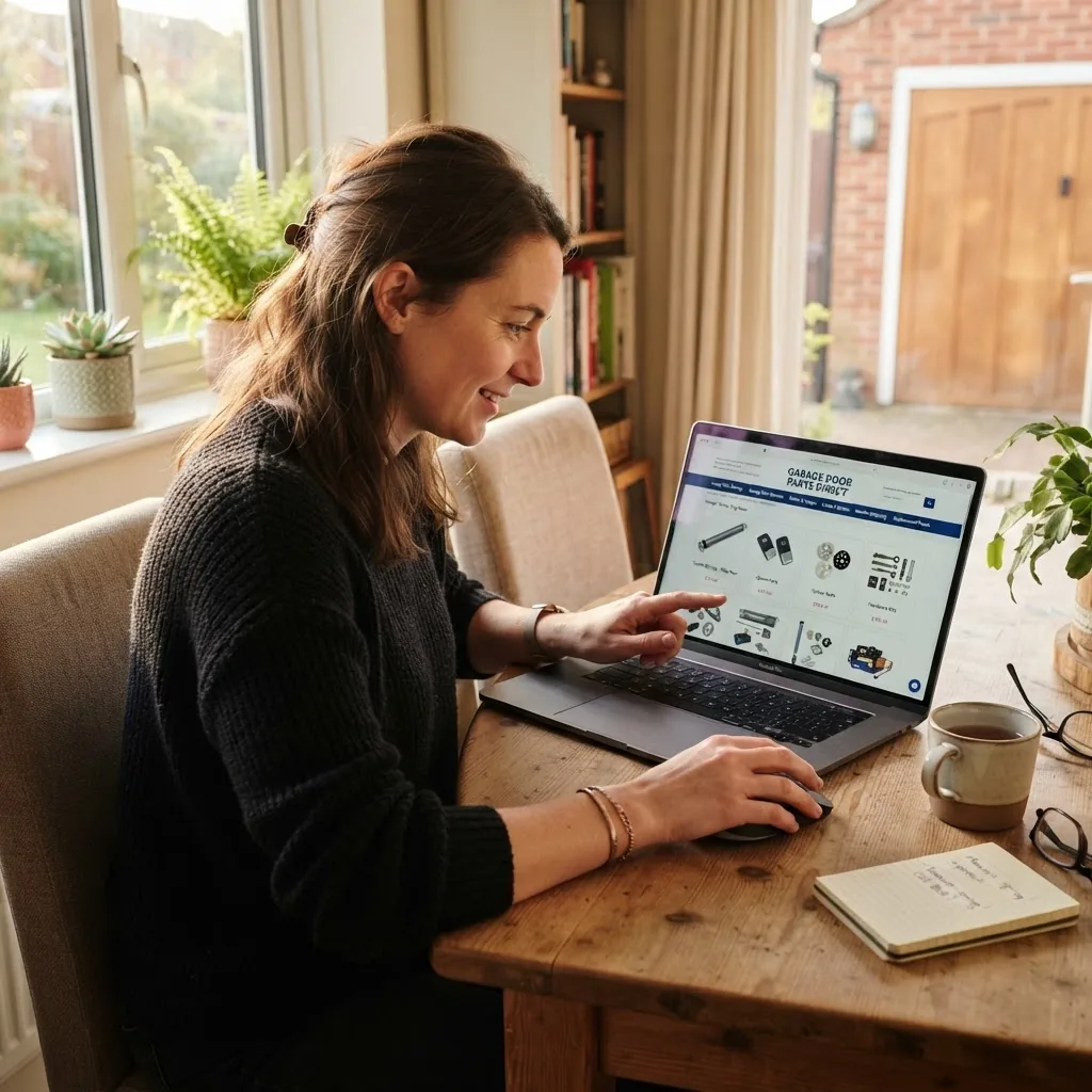 Photo of a person using a laptop at home researching garage door parts online, showing a website with garage door parts categories visible,
