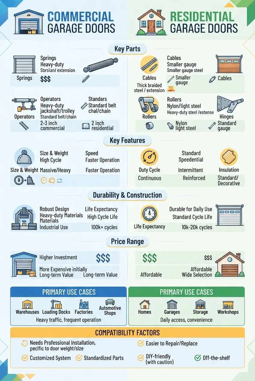 A detailed infographic comparing commercial and residential garage door parts structured in two columns; each column with icons