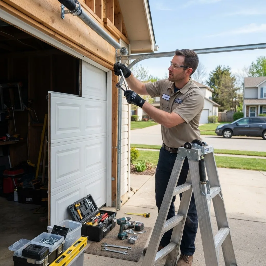 Professional technician installing a residential two car garage door in daylight, focused on tools and hardware, suburban background, clear