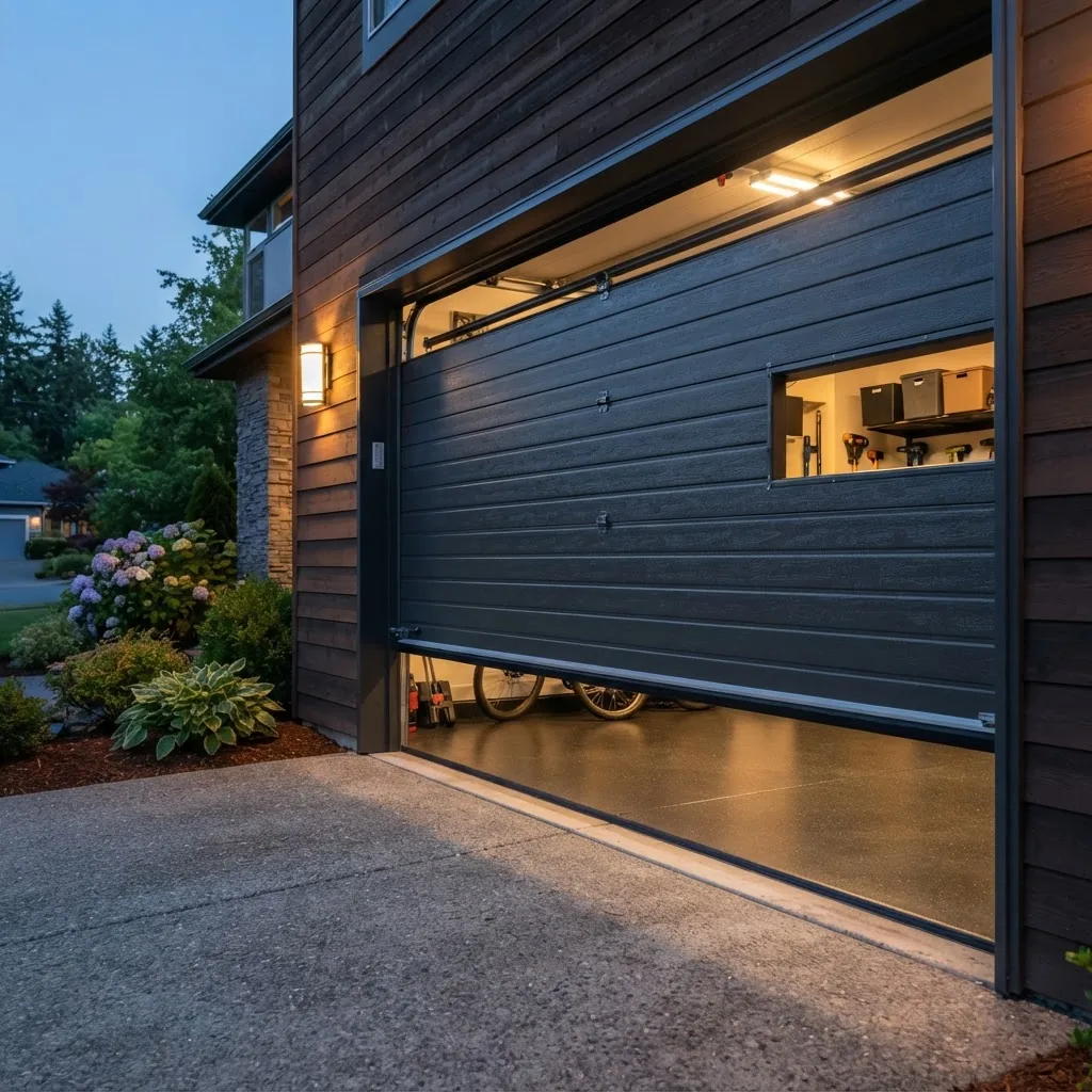Close-up photo of a modern garage door partially open at dusk, showing high-quality insulated panel close detail, exterior suburban home